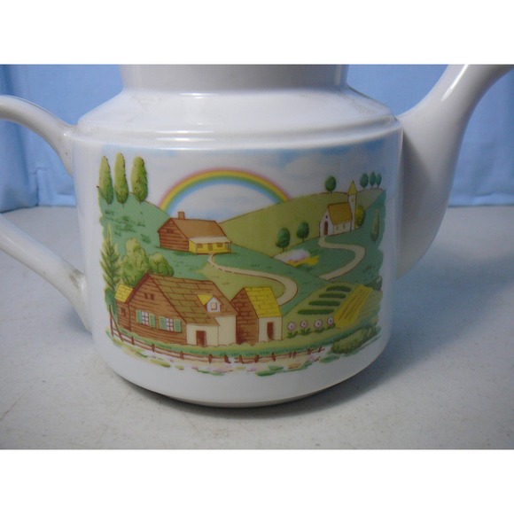 Vintage Ceramic Farmland Rainbow Tea Pot China  with Gold Trim - Picture 3 of 8